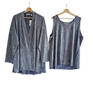 Susan Graver 2X Grey and Silver Metallic Two-Piece Cardigan & Tank Set, Size 2x